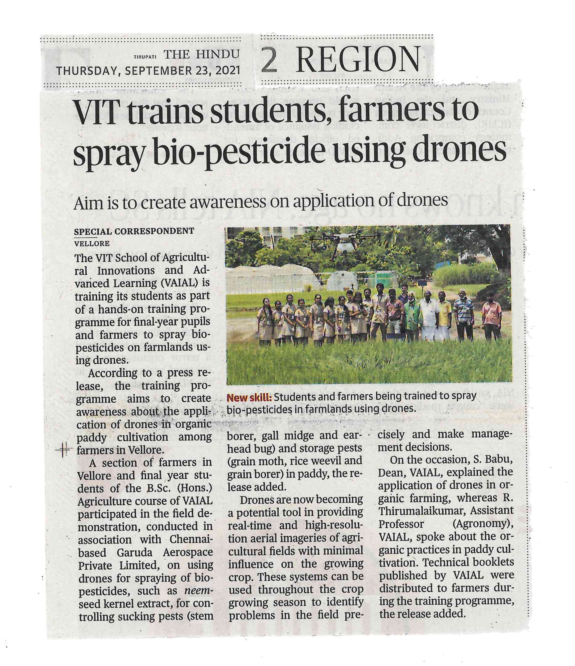 Agri(Vaial) imparts training for students about the use of Drones in organic farming