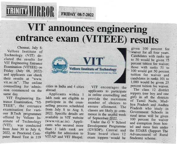 VITEEE-2022 Exam Results News Clips