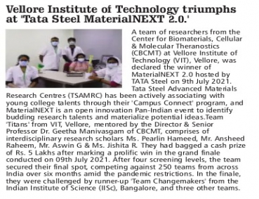 Vellore Institute of Technology (VIT) triumphs at 'Tata Steel MaterialNEXT 2.0.'