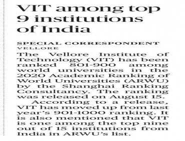 VIT is among the top 9 institutions of India in Shanghai World Universities Ranking 2020