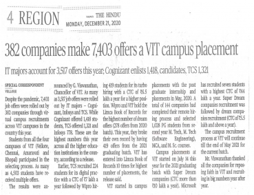Great Placements for VIT Students, Inspite of The Pandemic