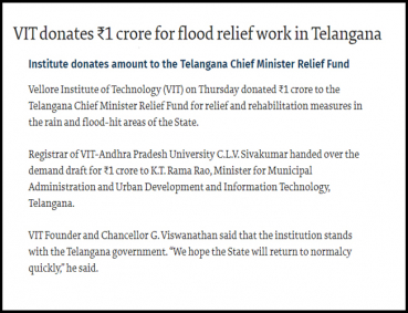 VIT donates ₹1 crore for flood relief work in Telangana