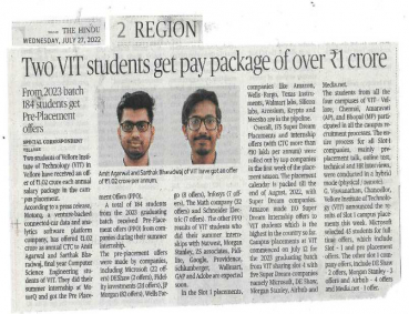 2 VIT students get Rs. 1.02 Crore salary Offer
