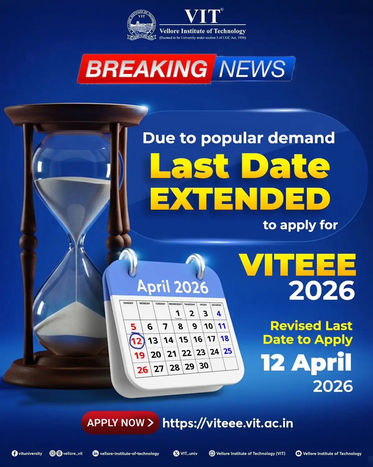 VITEEE 2026 Application Deadline Extended to 12th April, 2026 - Vellore ...